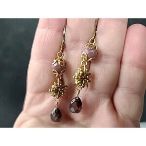 Pink Beaded Dangling Pierced Earrings Vintage Gold Tone Metal